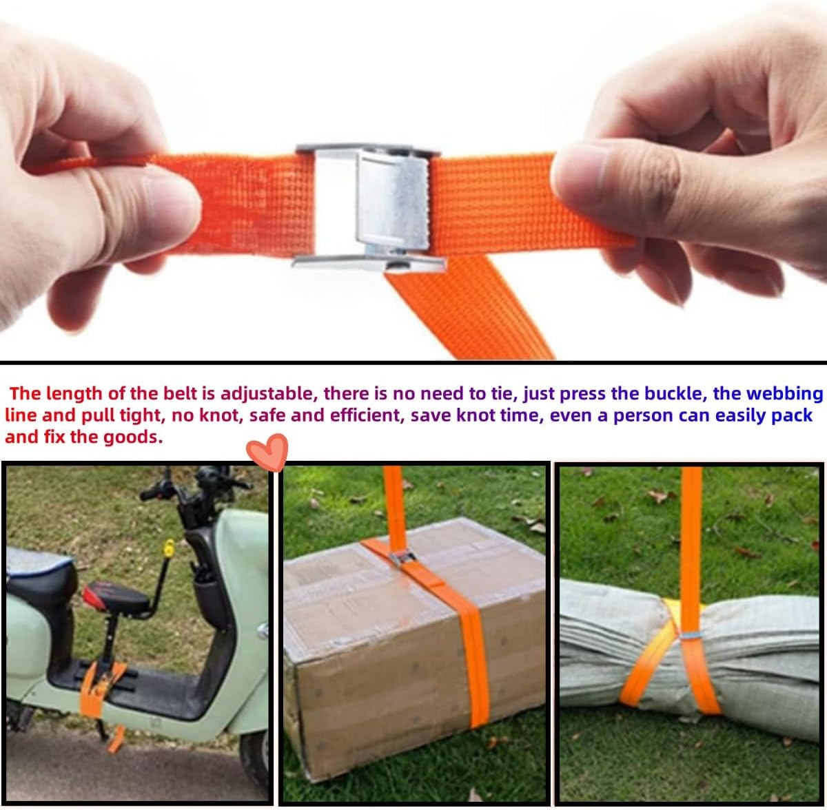 12PCS Lacing Straps,1 M Heavy Duty Lacing Adjustable Cargo Belt Ratchet Strap, Adjustable Cam Buckle Lacing for Motorcycles, Bicycles, Trucks, Trailers, Cargo, Luggage (Black, Orange) image number 6