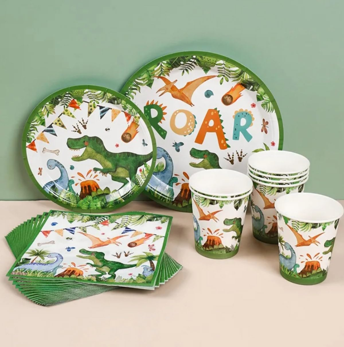 Dinosaur Disposable Tableware Set Roar Dino Tablecloth Plates Cups and Napkins for Birthday Party Decorations image number 1