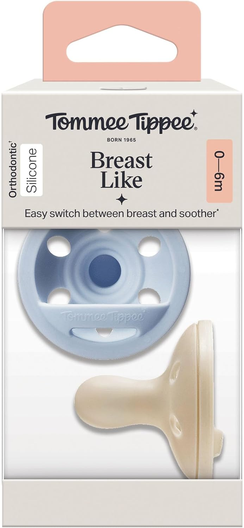 Tommee Tippee Breast-Like Soother, Lightweight, One-Piece Silicone Design, Symmetrical Teat, 0-6M, 2 Pack image number 1