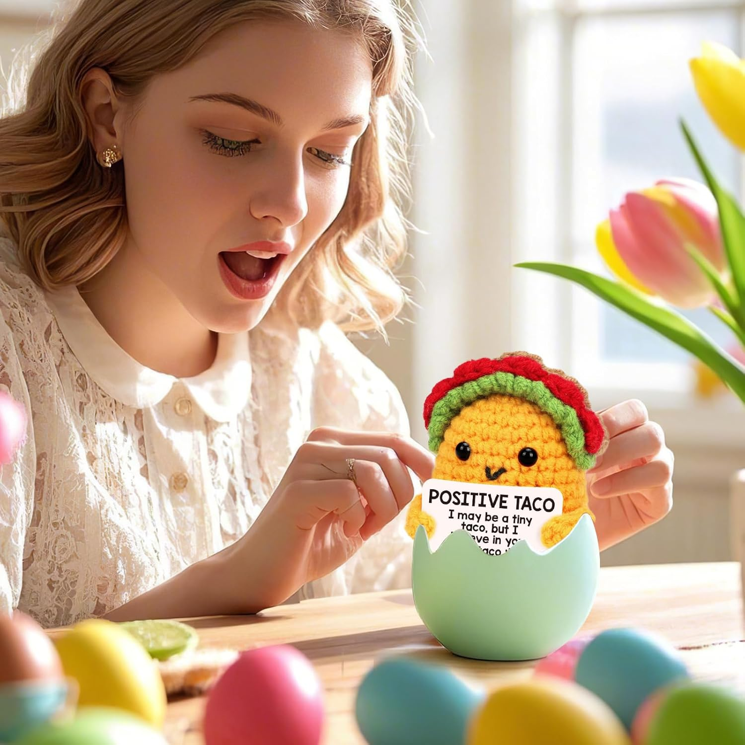 Tusuqing Mini Positive Crochet Taco Emotional Inspirational Support Christmas Small Gifts for Women Birthday Gifts, Handmade Knitted Crochet Animals Christmas Stocking Stuff Idea Cute Taco Desk Decor image number 2