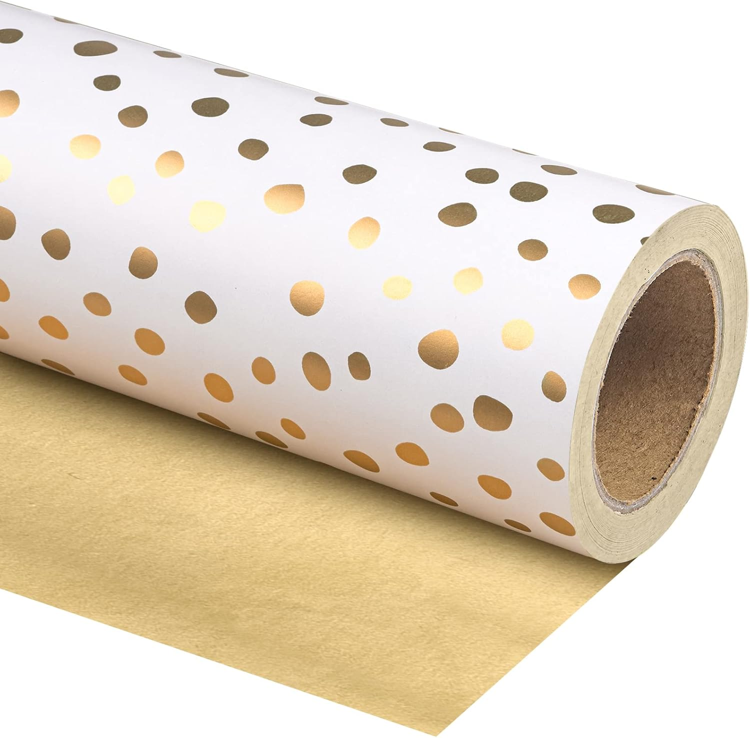WRAPAHOLIC Reversible Wrapping Paper - Mini Roll - 17 Inch X 33 Feet - Gold Print and Delicate Polka Dots Design for Birthday, Holiday, Wedding, Baby Shower, Gold,White (BZP-17-LC-XDD-GOL), 1