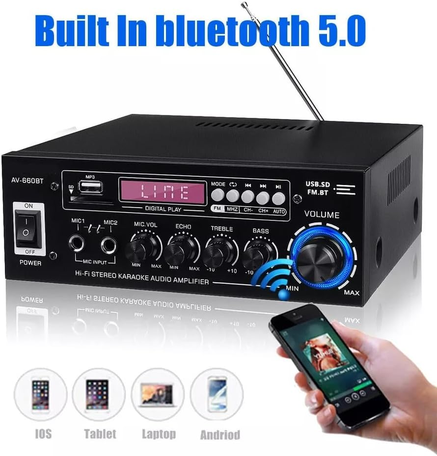 1200W Stereo Audio Amplifier, Bluetooth 5.0 Power Amplifier, 2 Channel Stereo Audio Receiver with 5-Band EQ Mixer, USB/SD Inputs, DVD/AUX Signal Support, FM Radio for Car and Home Theater