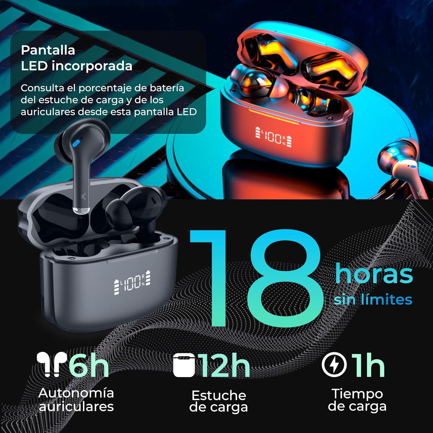 KSIX Noise Cancel 3 Wireless Bluetooth Headphones with Active Noise Cancelling ANC + ENC, HD Calls, Transparency Mode, LED Panel, True Wireless Stereo, Voice Assistants, 18 Hours Runtime image number 6