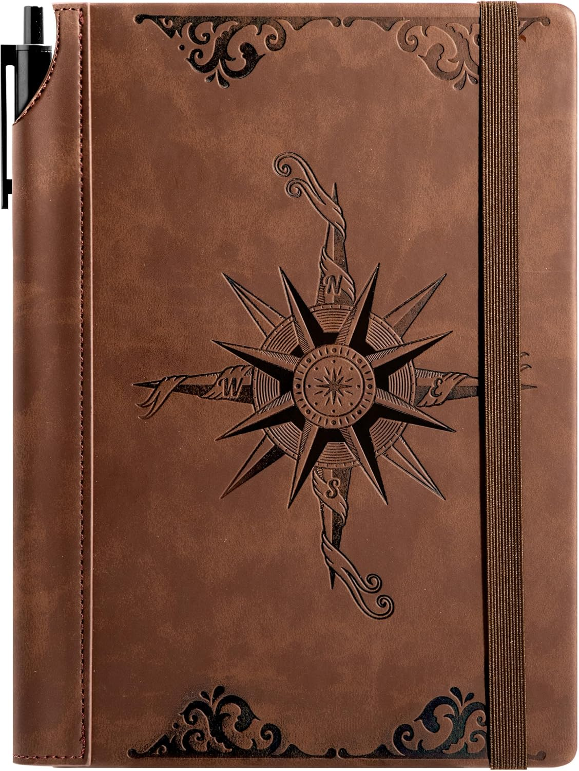 CAGIE Compass Leather Notebook Journal for Men, 100 GSM 288 Pages Lined Journals for Writing, A5 Hardcover Journaling Notebooks Gift Set with Pen for Travel Office Daily Writing - Black