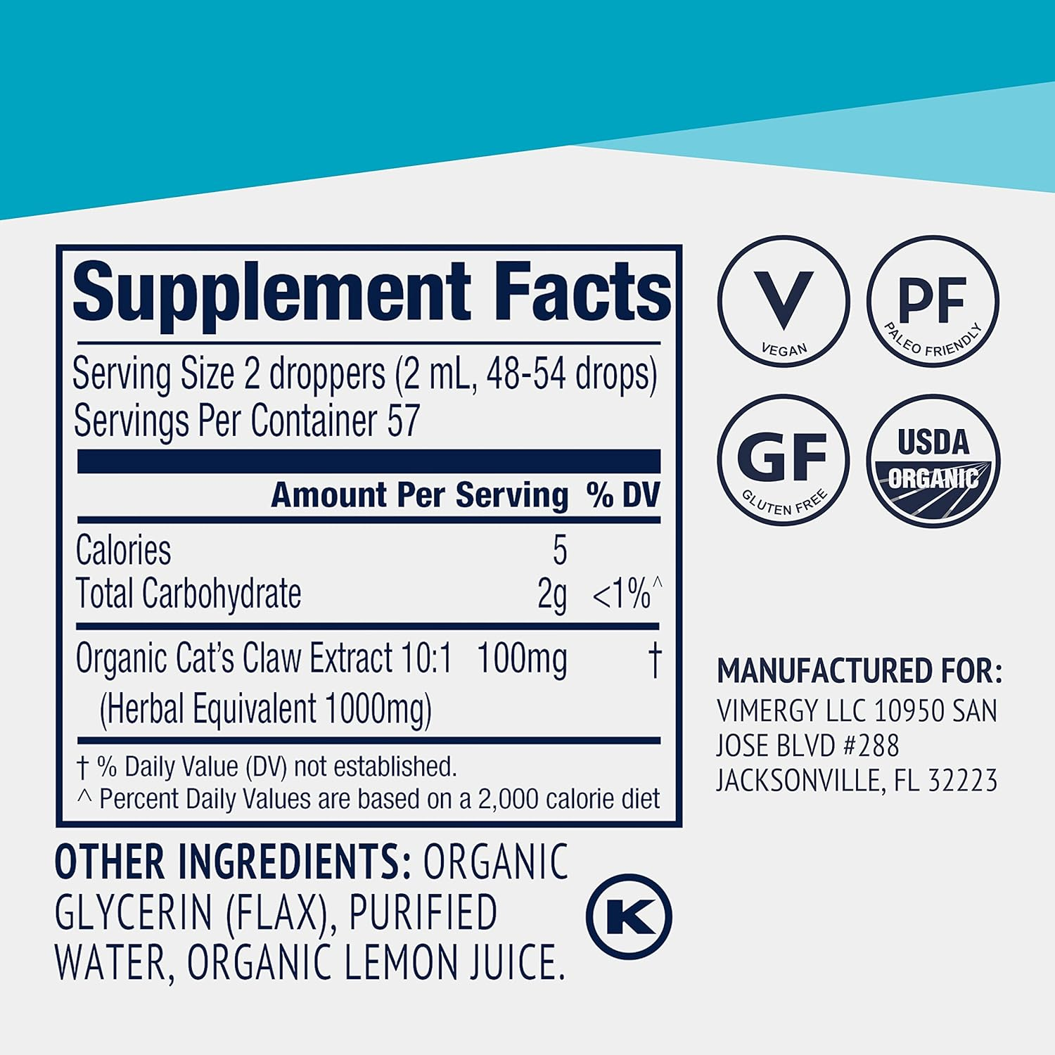 Vimergy USDA Organic Cat&rsquo;S Claw Extract, 57 Servings &ndash; Alcohol Free Cat&rsquo;S Claw Tincture - Supports a Healthy Immune System - Gluten-Free, Non-Gmo, Kosher, Vegan & Paleo Friendly (115 Ml) image number 1