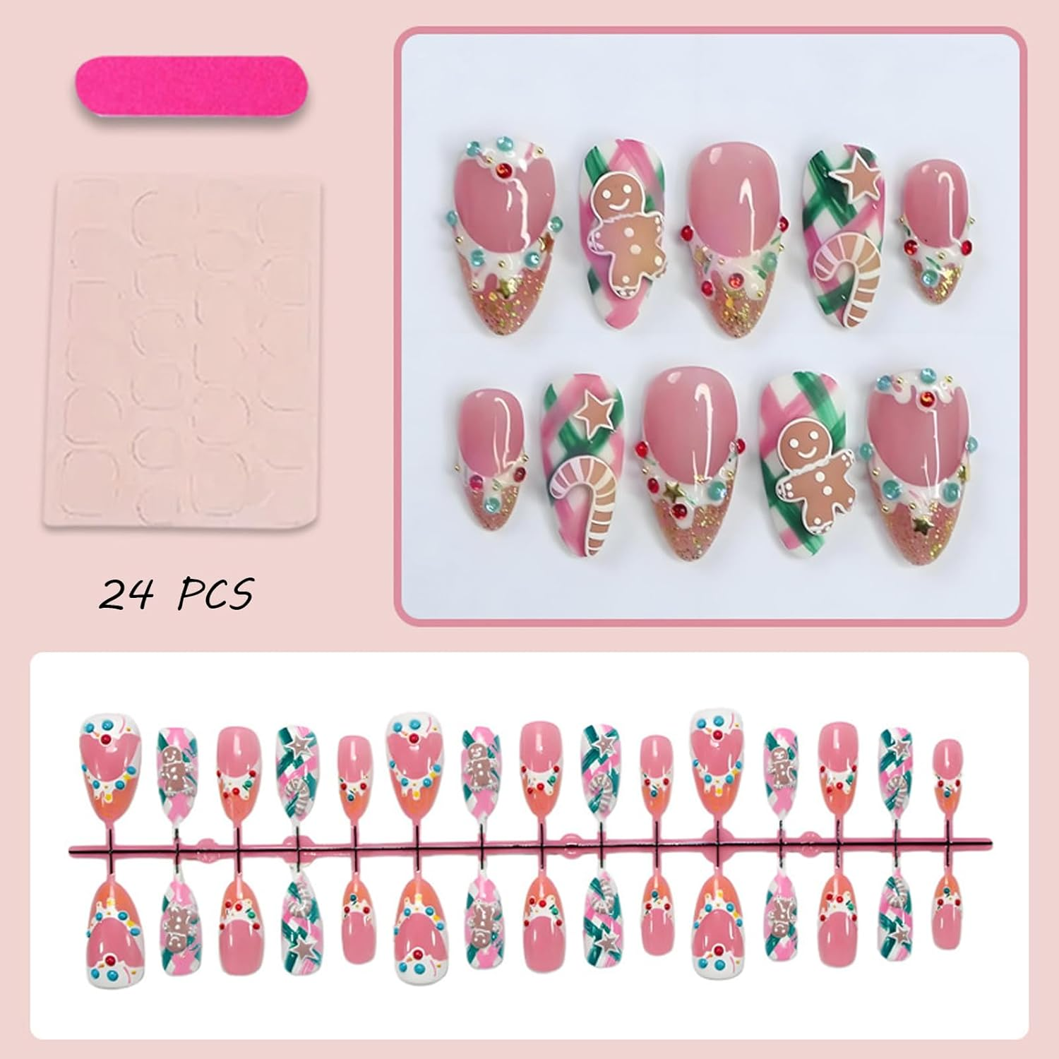 24 PCS Christmas Press on Nails Christmas False Nails French 3D Rhinestone Gingerbread Man Medium Fake Nails Gifts for Women and Girls (No.72) image number 2