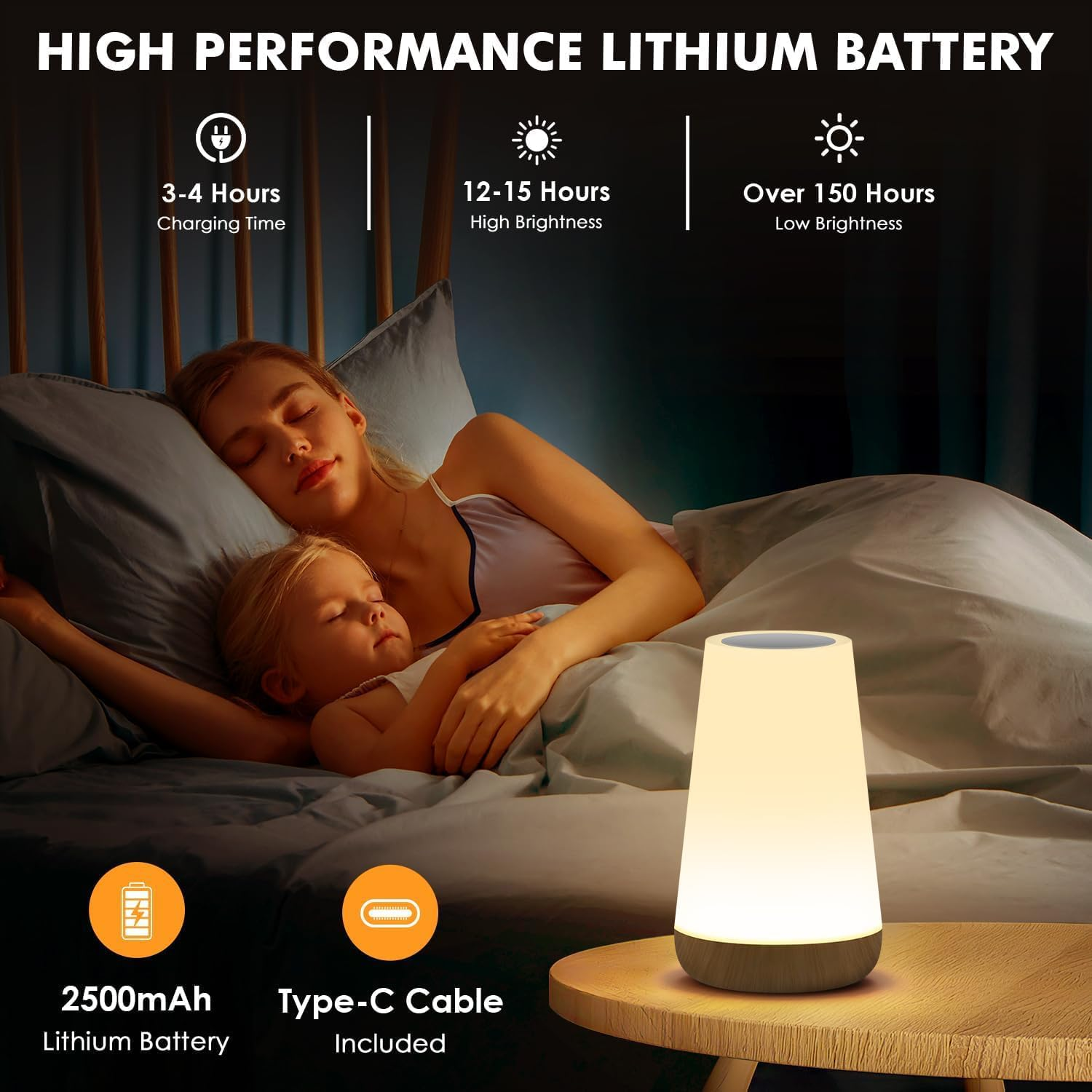 Portable Bedside Lamp, Touch Light, Desktop Sensor Controlled Bedside Lamp with Fast USB Charging Interface, Level 5 Adjustable Warm White Light and Adjustable Multiple Colors for Bedroom/Office image number 5
