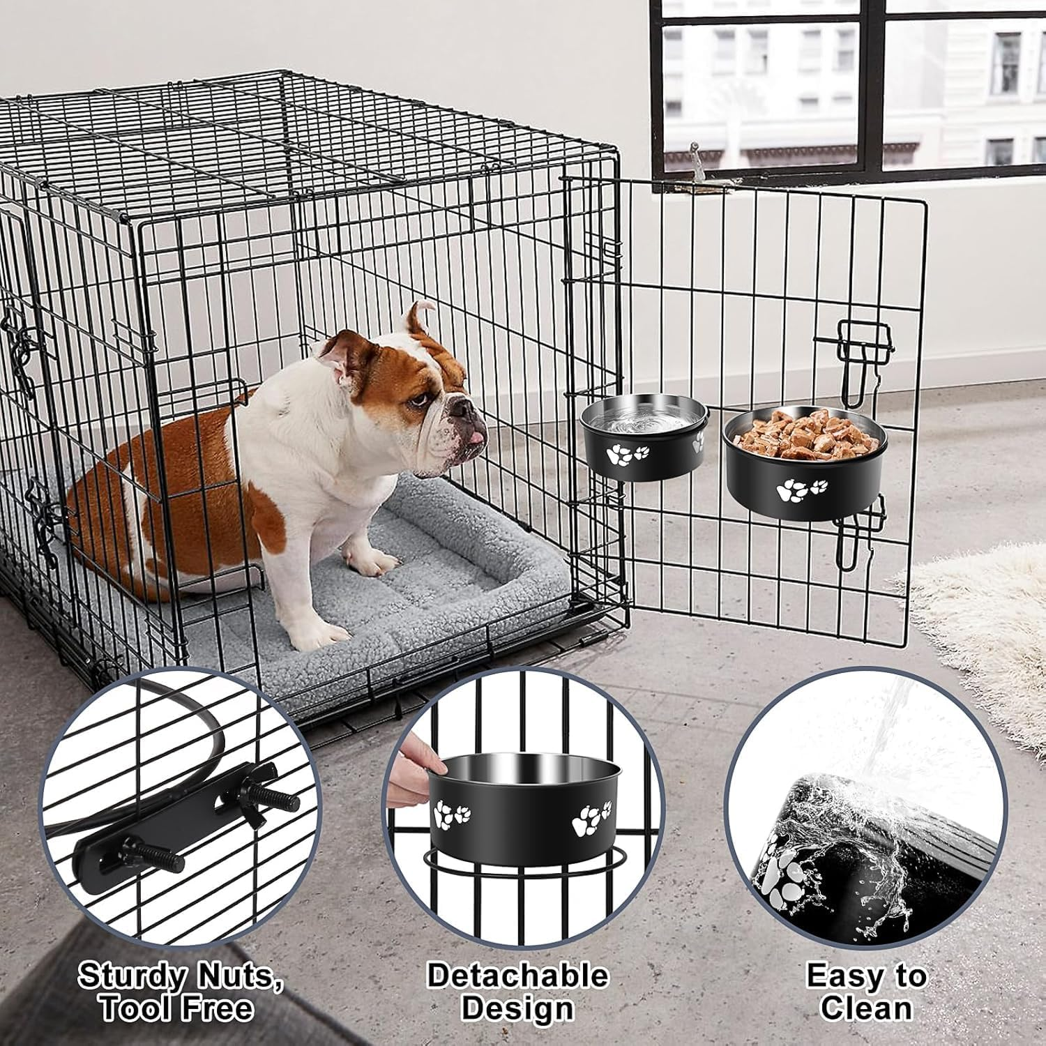 Dog Crate Water Bowl No Spill, PRENDIEEN 2 Pack Stainless Steel Water Bowl for Dog Crate, Hanging Dog Bowls for Kennel Crate Cage Medium Large Dogs Cats (16 * 6Cm & 18 * 6.5Cm) (Black) image number 1