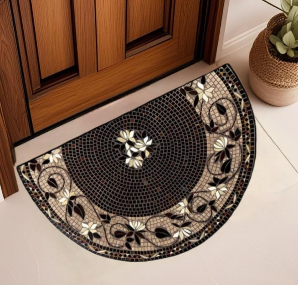 Decorative Half-Circle Mosaic Glass Floor Mat, 50 X80Cm, Green Leaf Pattern, Non-Slip Entrance Doormat (Gray) image number 4