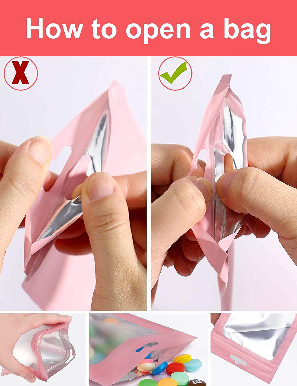 100 PCS Candy Food Bags, Resealable Bags for Small Business with Zip Lock,Reusable Smell Proof Mylar Bags with Clear Window,Holographic Pouch Bags for Food Storage Snacks Beans Coffee Jewelry (14*20) image number 4