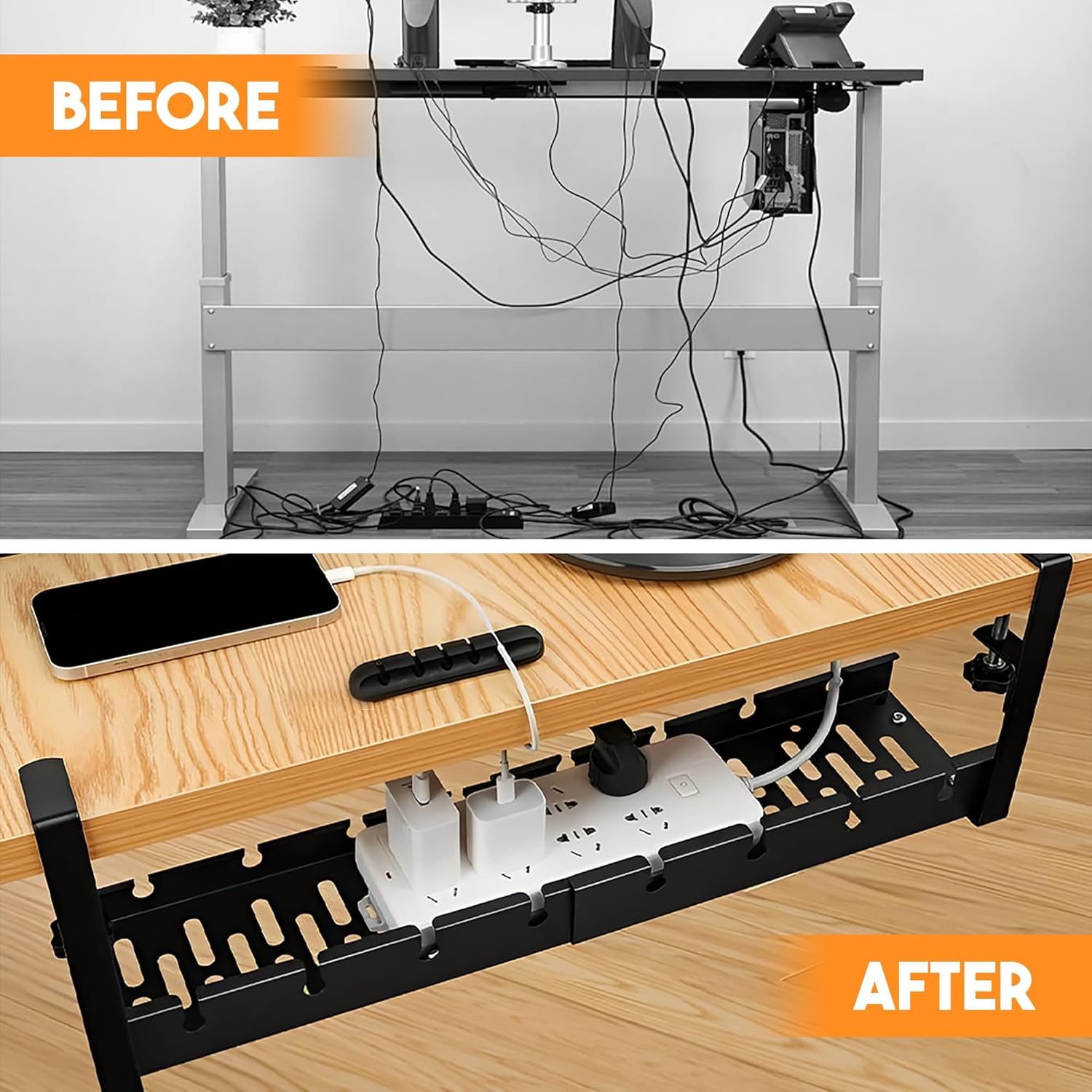 HOMLEY Cable Management Tray, under Desk Cable Organiser, Extendable Desk Organiser, No Drill or Glue, Metal Desk Accessories for Office and Home, Extra Cable Clip and Cable Ties (Black) image number 3