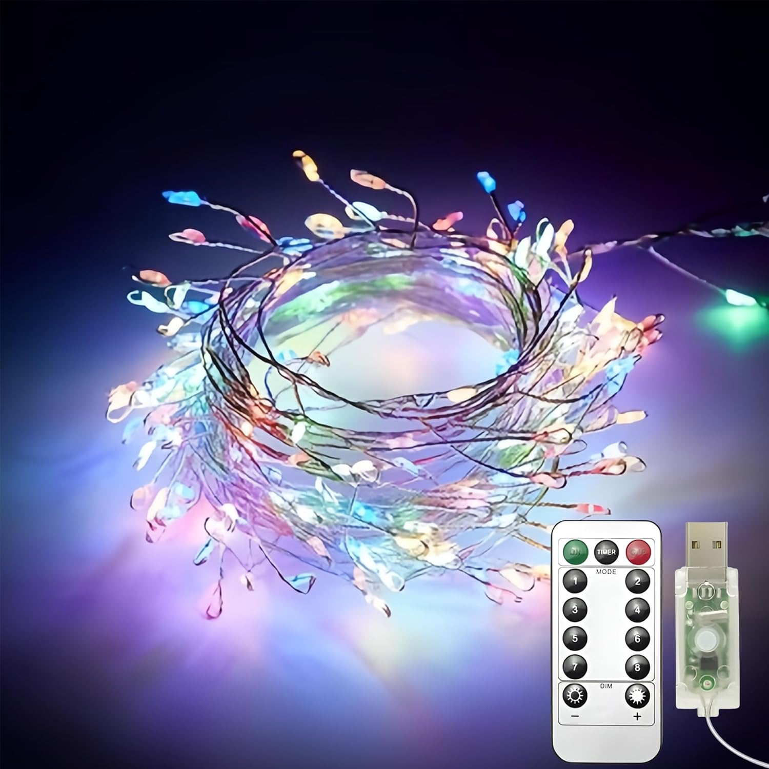 Clearhill 2Pack USB Fairy Lights with Remote Control, 20Ft/6M 200LED Color Firecracker Cluster Lights, 8 Modes, Waterproof Copper Wire String Lights for Bedroom, Wedding, DIY, Garden Decor