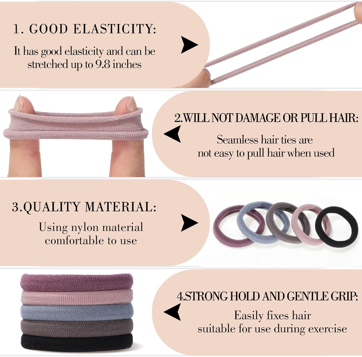 Pack of 100 Women'S Hair Bands, 5 Colours, Non-Metal Ponytail Holder, Ponytail Holder, Elastic for Girls and Women, All Hair Types image number 2