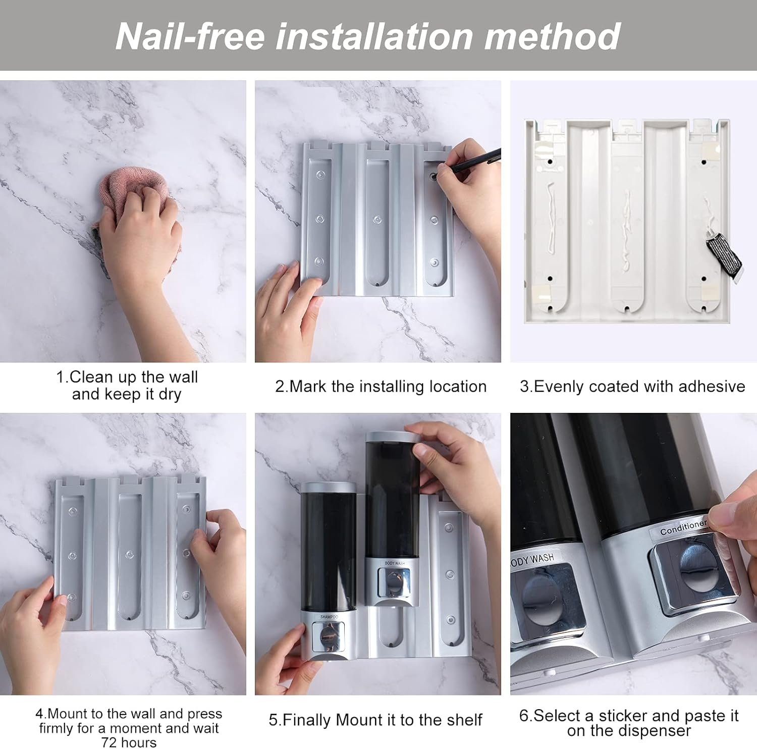 ILIKEPOW Shampoo & Conditioner Dispenser - Wall Mount 3 Chamber 250ML Soap Dispenser for Bathroom, Home & Kitchen (Silver) - Silver,Transparent image number 2