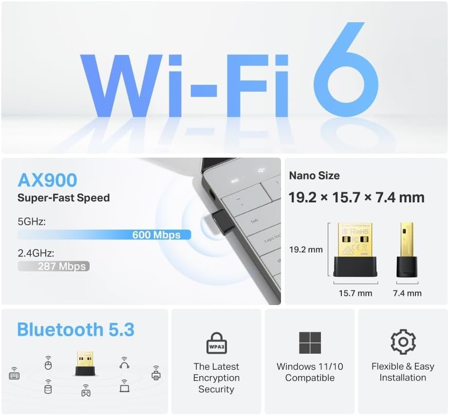 Tp-Link AX900 Wi-Fi 6 Bluetooth 5.3 Nano USB Adapter, 5Ghz, Lower Latency Gameplay, WPA3 Security, Nano-Size, Easy Setup & Flexible Design, Windows 11/10 Compatible(Archer TX10UB Nano) image number 2