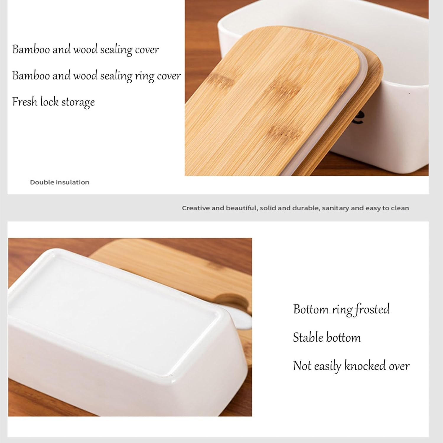 Xutong Butter Dish with Lid, Stainless Steel Butter Knife, Ceramic, Bamboo Lid, White