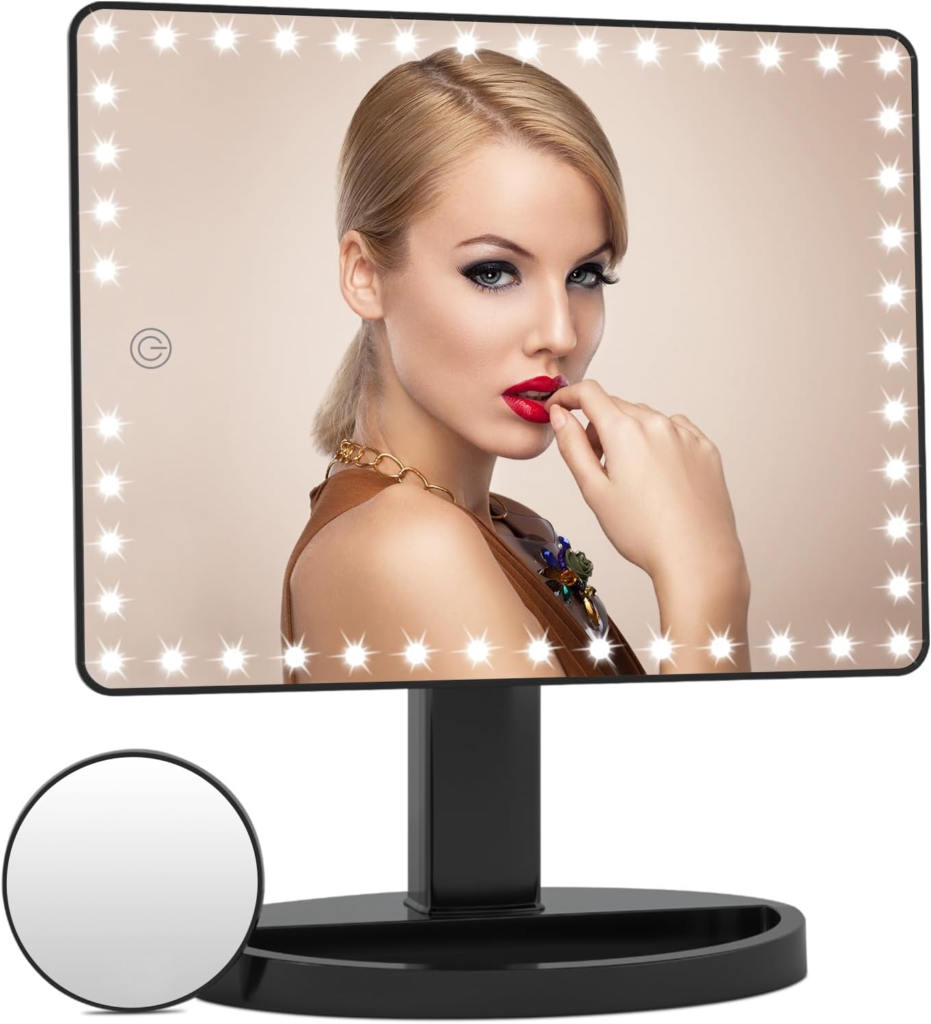 FUNTOUCH Large Lighted Vanity Makeup Mirror (X-Large Model), Light up Mirror with 35 LED Lights, Touch Screen and 10X Magnification Mirror, 360&deg; Rotation Tabletop Cosmetic Mirror (Black)