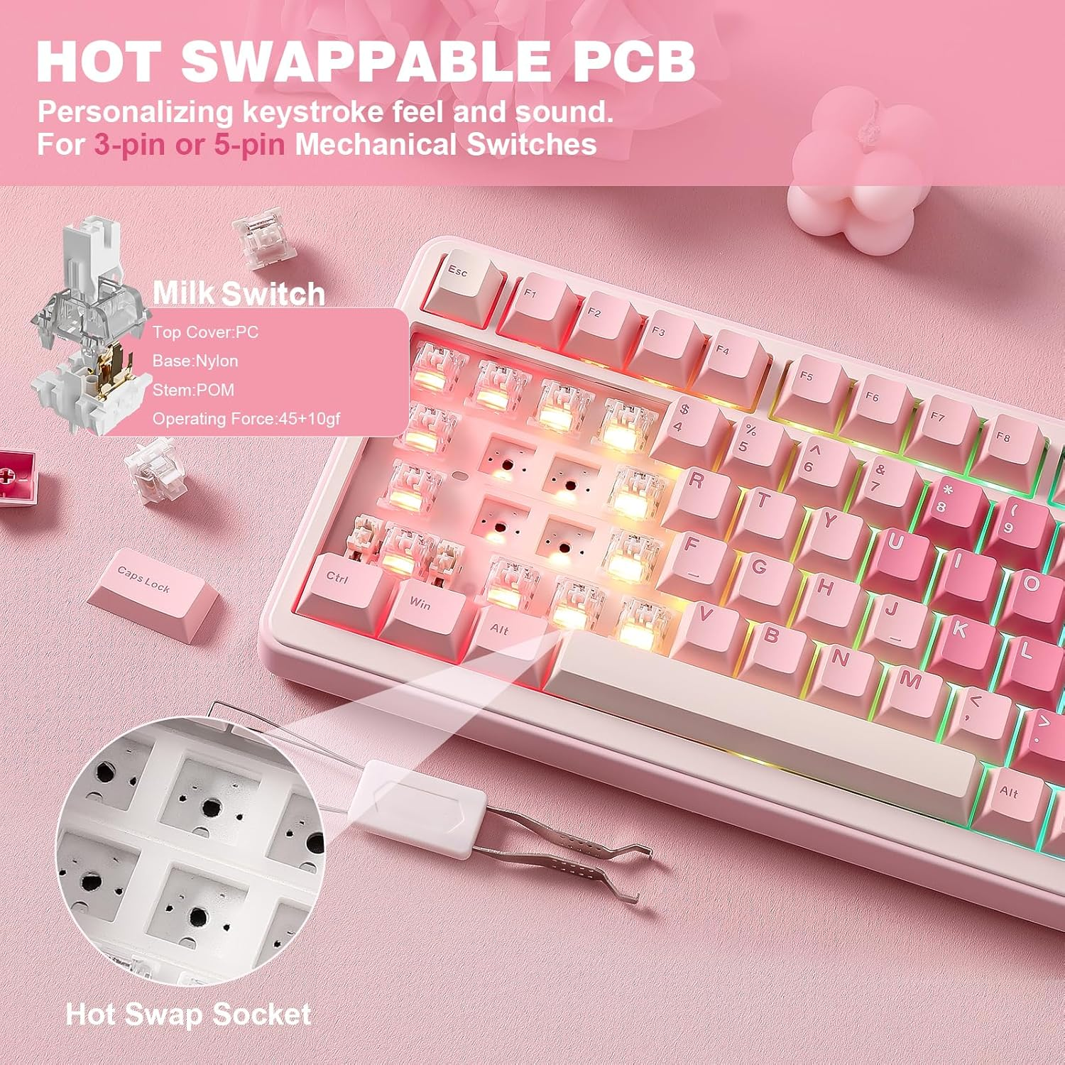YUNZII B75 PRO Wireless Mechanical Keyboard,75% Gaming Keyboard Gasket Hot Swap Custom Keyboard with Knob,Pre-Lubed Switches Rgb,Bt/Type-C/2.4G Creamy Keyboard (Pink, Milk V2 Switch) image number 4