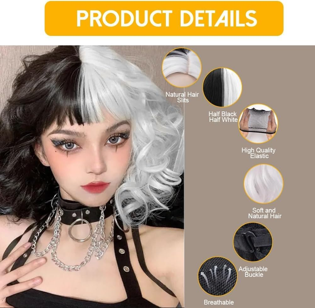 Short Black and White Wig Wavy Half Black and Half White Heat Resistant Women Wig Hair Wig for Daily Costume Cosplay Halloween Party image number 2