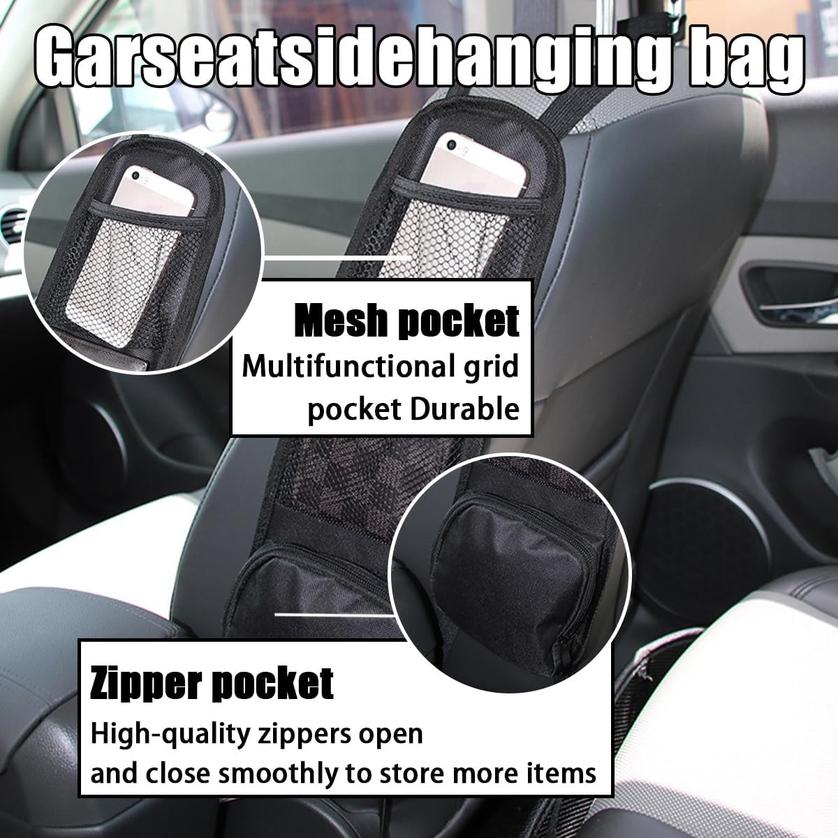Osilly Car Seat Side Organizer, Auto Seat Storage Hanging Bag, Multifunctional Stuff Holder with Mesh Net Pocket, Hold Phones Wallet Glasses Drink, Interior Accessories for Car, SUV, Truck (2 Pcs) image number 3