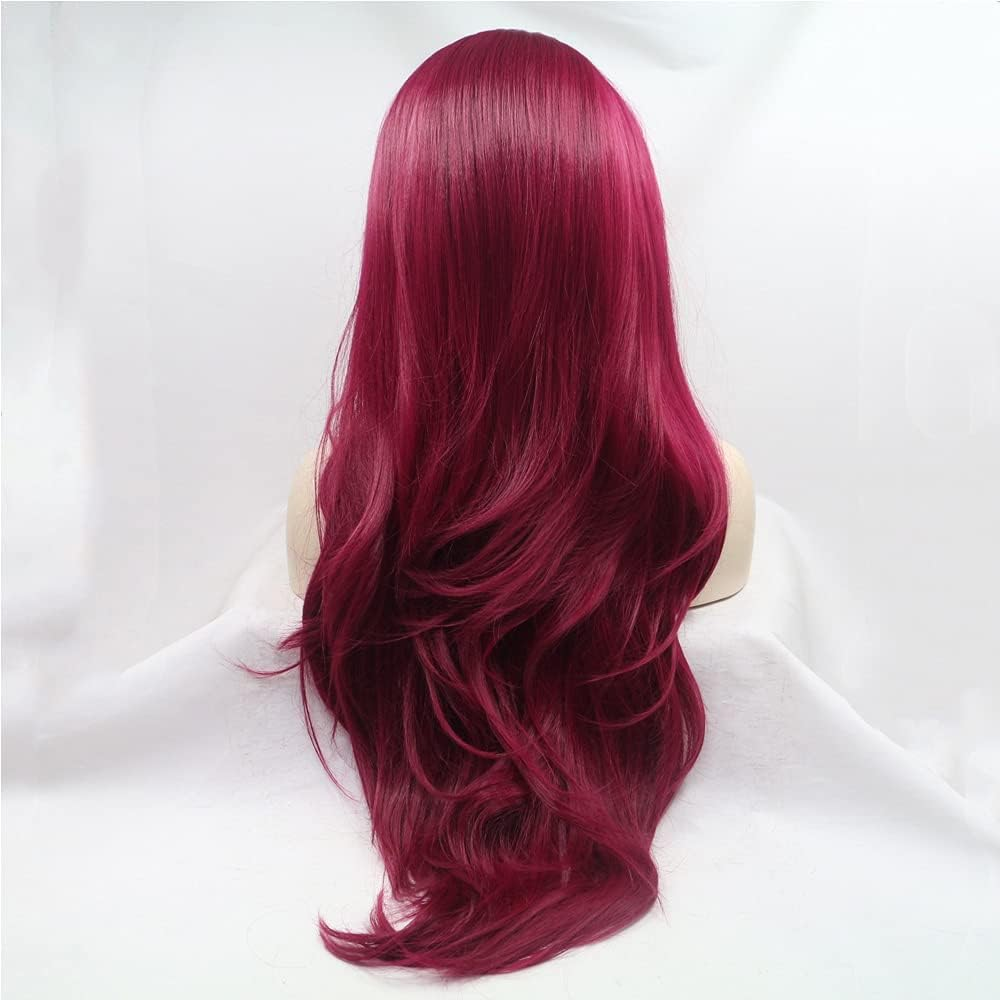 Xiweiya Burgundy Wavy Hair Long Wine Red Wig Side Parting Soft Lace Front Wig Heat Resistant Drag Queen Wigs Replacement Wig Cosplay Wigs 24 Inch image number 3