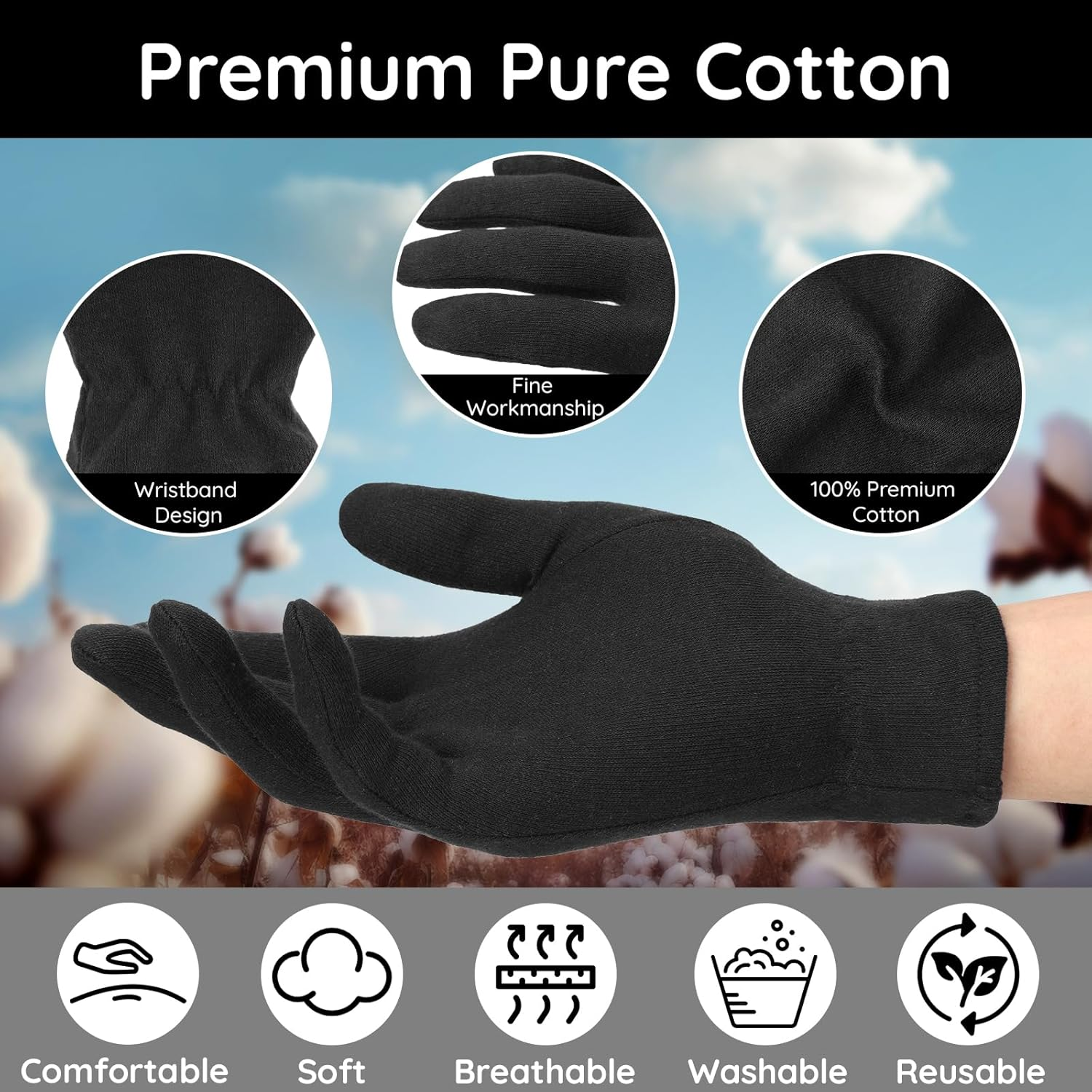 Segbeauty 12 Counts Elastic Black Cotton Gloves for Women, 6 Pairs Sleeping Moisturizing Cotton Gloves for Men with Elastic Band, Hand Spa Moisture Glove for Dry Hands Overnight, Sleep Lotion Glove image number 5