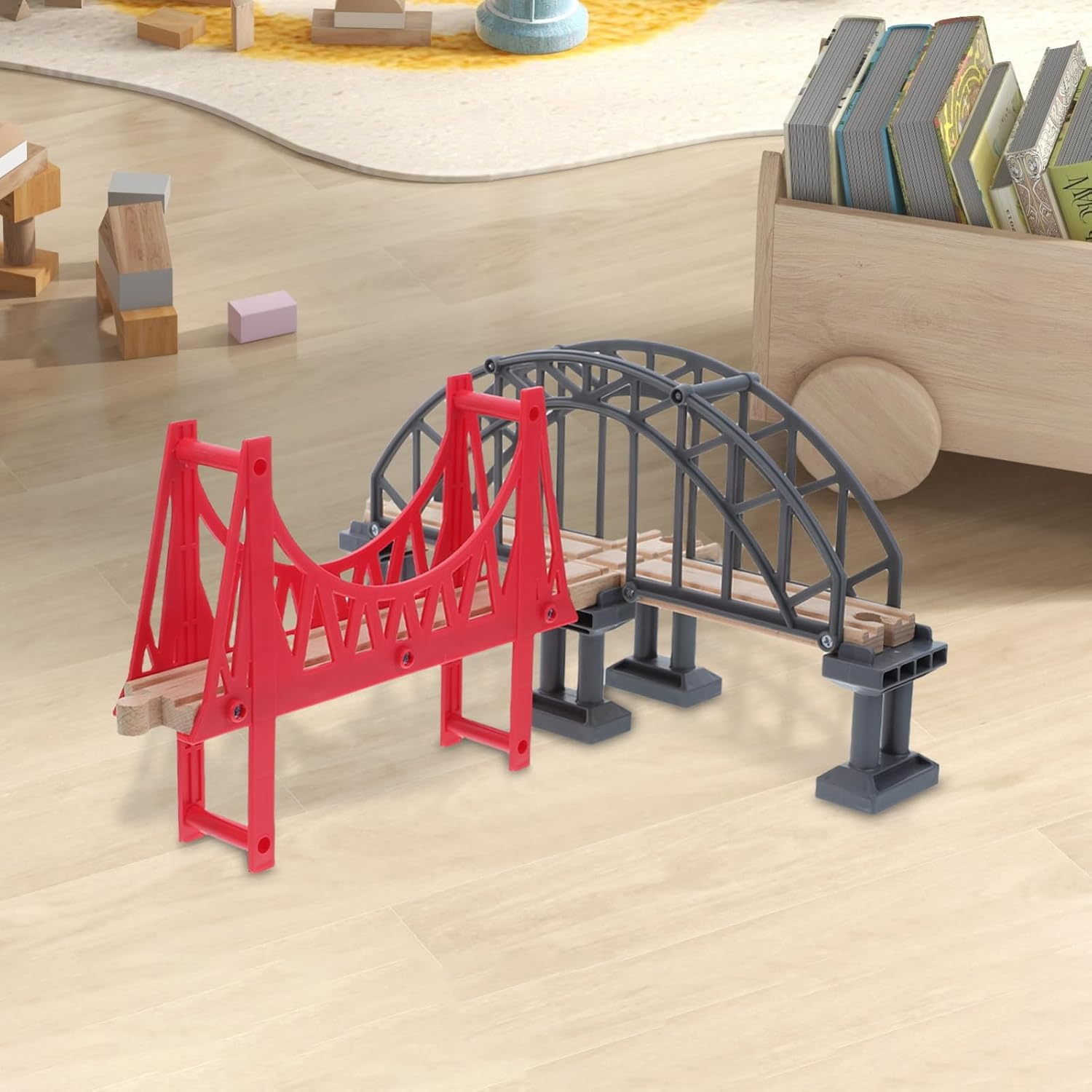 TOYANDONA Wooden Train Set Accessories, Train Bridge Model, Wooden Train Track Accessories Double Suspension Bridge Set, Compatible with Brio, Toy for Kids Toddlers image number 6