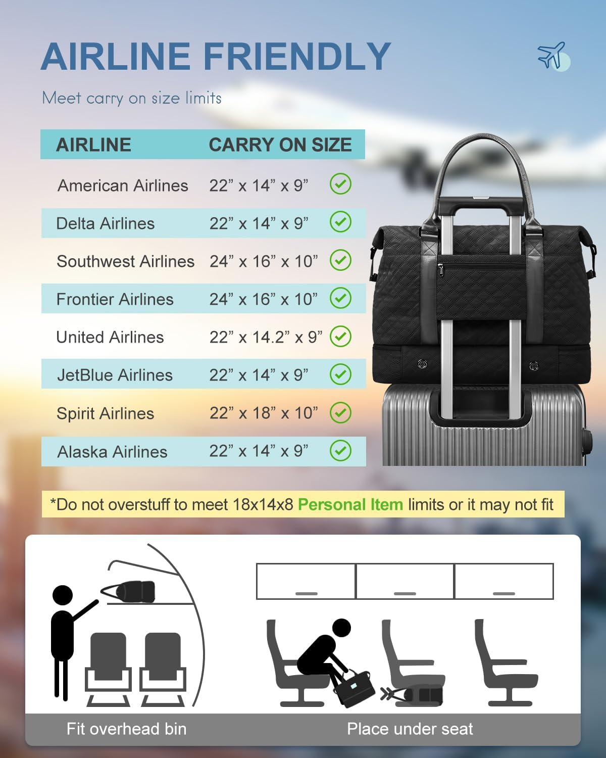 BAGAIL Travel Duffel Bag, Weekender Bags for Women, Overnight Gym Carry on Tote Bag with Wet Pocket, Hospital Mom Bag for Labor and Delivery - Extra Large, Grid-Black image number 6