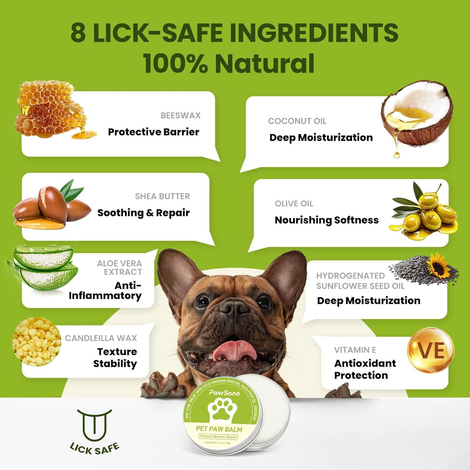 Pawsono Lick-Safe Dog Paw & Nose Balm with Coconut Oil | All-Natural Paw Cream & Wax for Dry, Cracked Pads & Snouts| Cat Moisturizer & Soother, Nose Butter for Bulldogs| Horse Hoof Care (60 G /2.1 Oz) image number 3