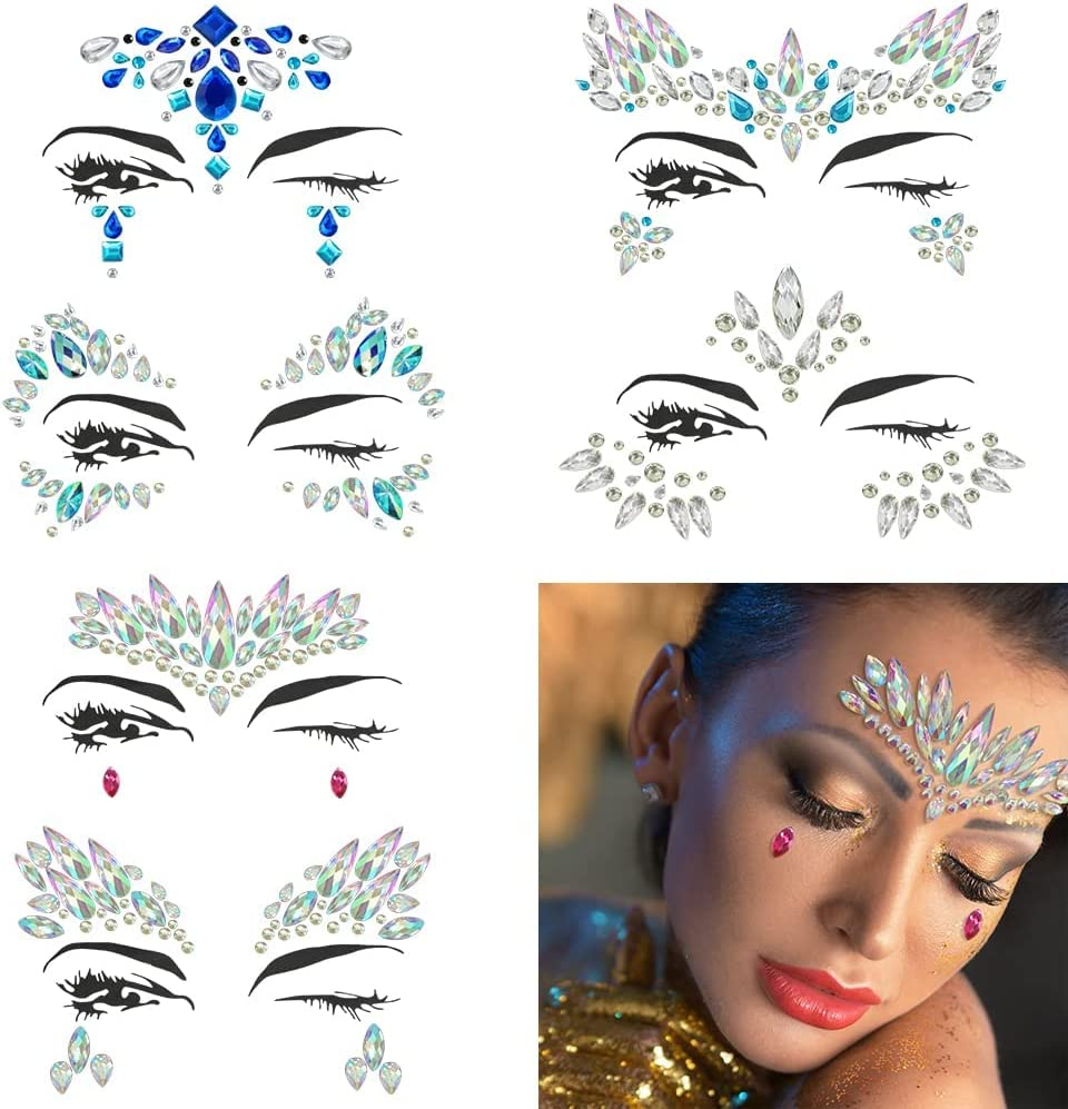 Weyeena Halloween Mermaid Face Gems Glitter 6 Sets Rhinestone Rave Festival Face Jewels, Crystals Face Stickers Eyes Body Temporary Tattoos