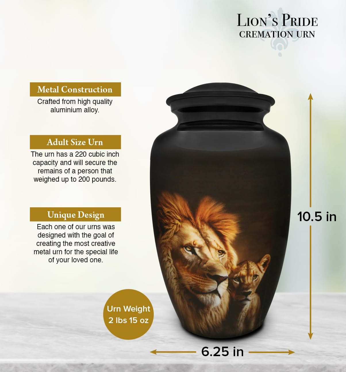 Urn - Urns for Human Ashes Adult - Lion'S Pride Memorial Urns for Human Ashes - Decorative Urns - Cremation Urn for Adult Ashes - 200LB Urn with Bag
