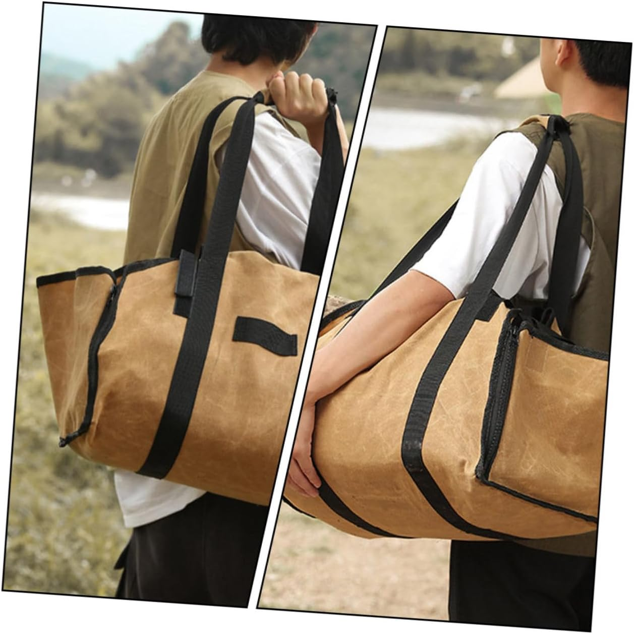 Large Canvas Firewood Storage Bag with Handle Strap Log Carrier Tote for Camping Fireplace Garden Tools and Picnic Organizer Khaki Outdoor Wood Tote image number 6