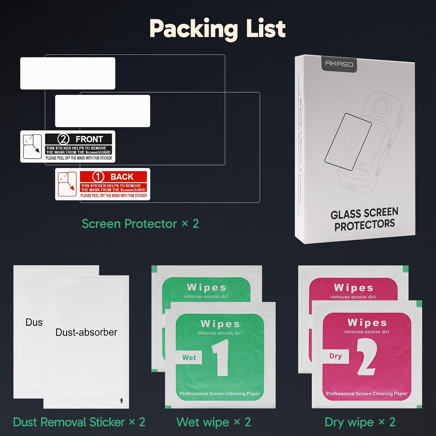 AKASO Screen Protector 360 Camera (2 Pack), Tempered Glass LCD Display Film Screen Protective Cover, Ultra HD, 9H Hardness, Scratch Resistant