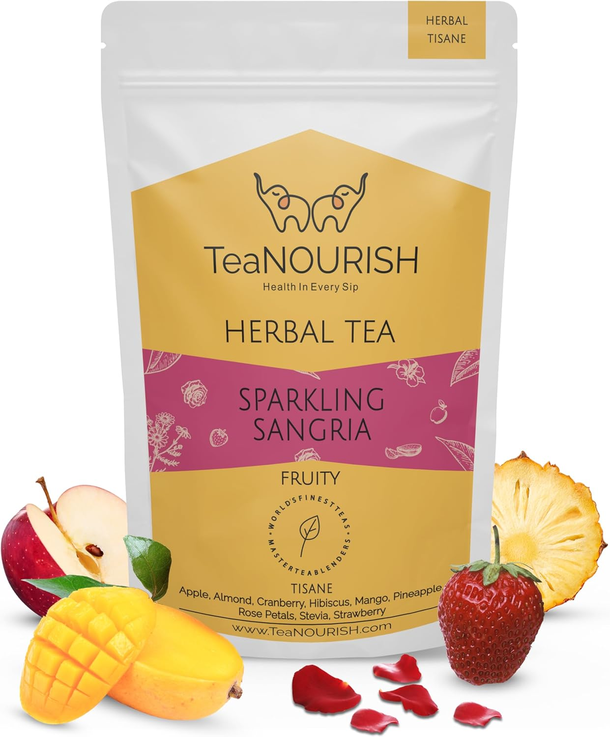 Teanourish Sparkling Sangria | CAFFEINE-FREE Herbal Tea | Refreshing and Fruity | Apple, Strawberry, Mango, Pineapple, Hibiscus | Brew Hot or Iced Tea - 100 G image number 4