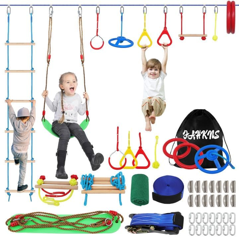 Ninja Warrior Kids Obstacle Course, 55 FT Durable Slackline with 8 Obstacles-Swings, Monkey Bars, Arm Trainers and More, Weatherproof Outdoor Obstacle Course for Backyard, Gym, Field image number 3