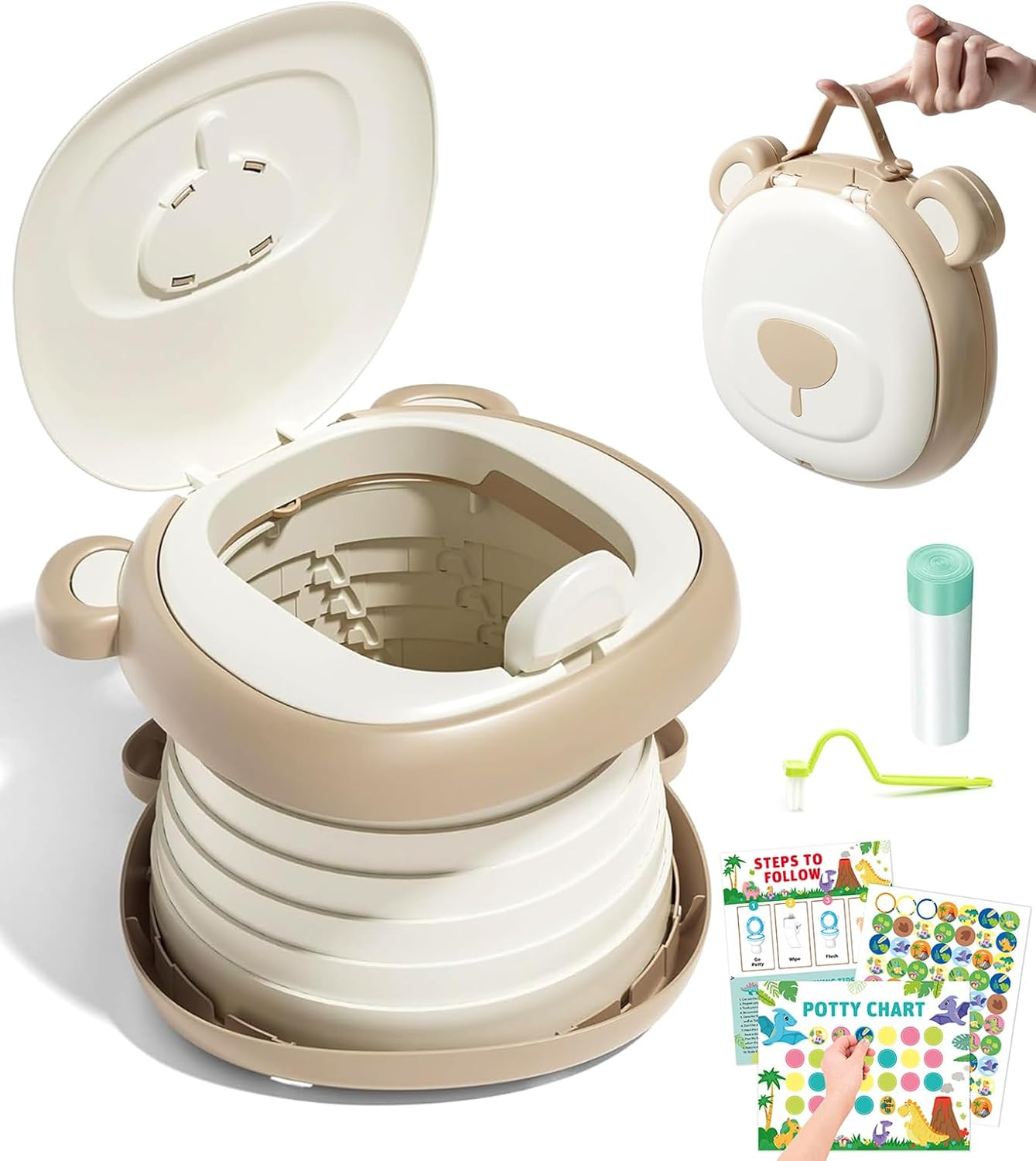 Potty Training Toilet,Foldable Car Potty for Toddler, Portable Toilet Seat for Kids with Toilet Liners, Toilet - Learning Sticker Chart, Toilet - Learning Chart, Disposable Bag, Portable Toilet Seat for Toddler Travel, Camping and Outdoor Use (Khaki)