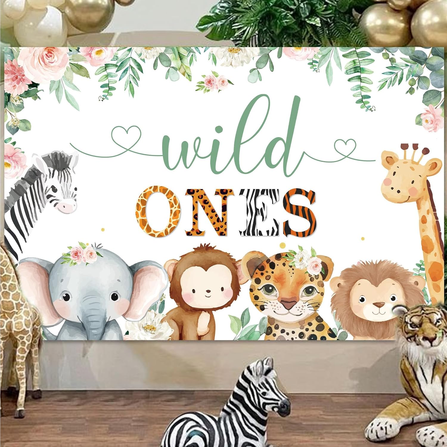Wonmelody Wild Ones Birthday Decorations Twins 5*3 Ft Wild Ones 1St Birthday Backdrop Banner Jungle Twins 1St Birthday Decor Twins Birthday Party Decorations for Jungle Safari Cute Animals 1St Party image number 4