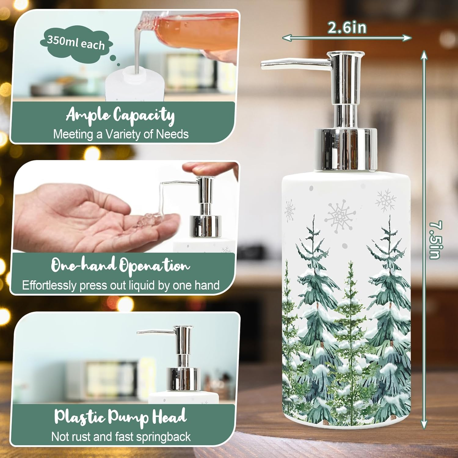 Jarthenaamcs Christmas Soap Dispenser Watercolor Xmas Tree Glass Dispenser with Pump Refillable Liquid Soap Container for Home Kitchen Bathroom Countertop image number 5