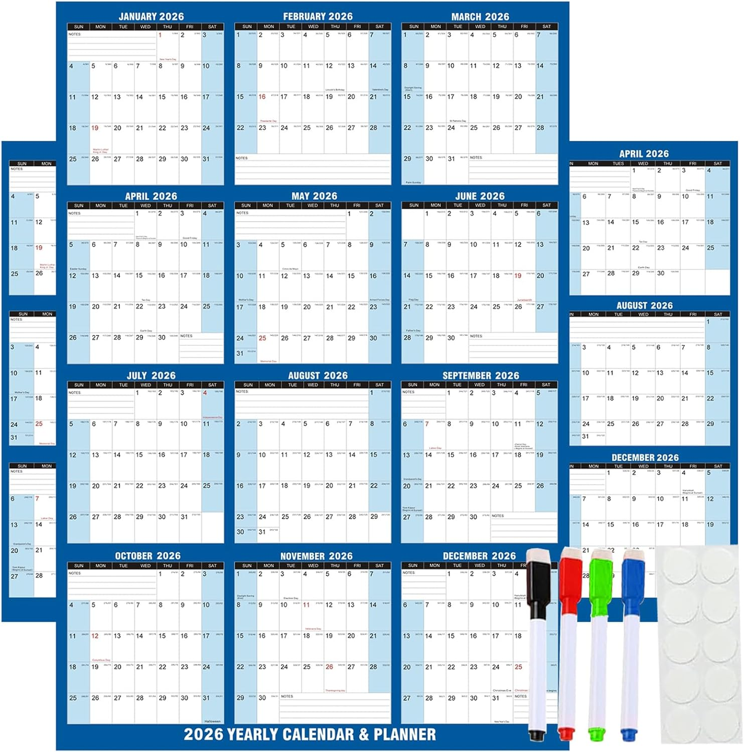 Wall Calendar 2026，61 X 87 Cm Large Dry Erase Year Calendar with Stickers & Marker,Wet & Dry Erasable Laminated 12 Month Annual Yearly Planner, Reversible, Horizontal/Vertical image number 2
