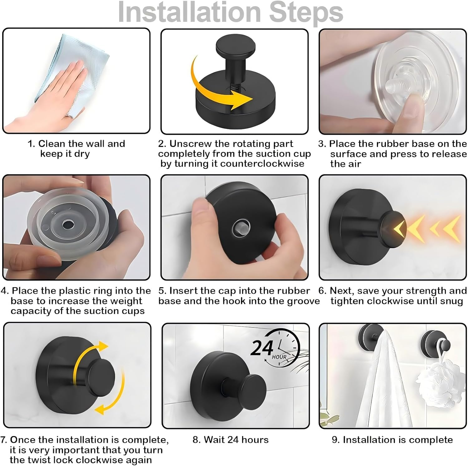 4 Pack Suction Cup Hooks for Shower, Bathroom, Kitchen, Glass Door, Mirror, Tile &ndash; Loofah, Hanging Towels, Coat, Bath Robe Hook Holder for Hanging up to 15 Lbs &ndash; Waterproof & Rustproof, Matte Silver - 4 Pack Black image number 4