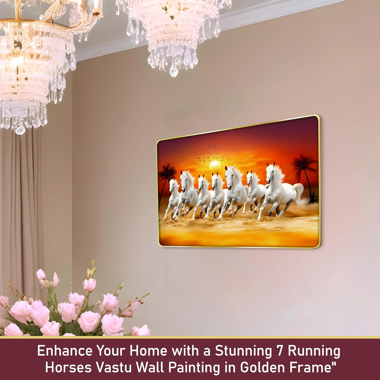 Rousrie 7 Horses Realistic Painting with Frame for Wall Vastu | Seven Running Horse Painting for Wall Decor Living Room Decoration | Big Size Photo Frame | 47 by 32 Cm image number 1