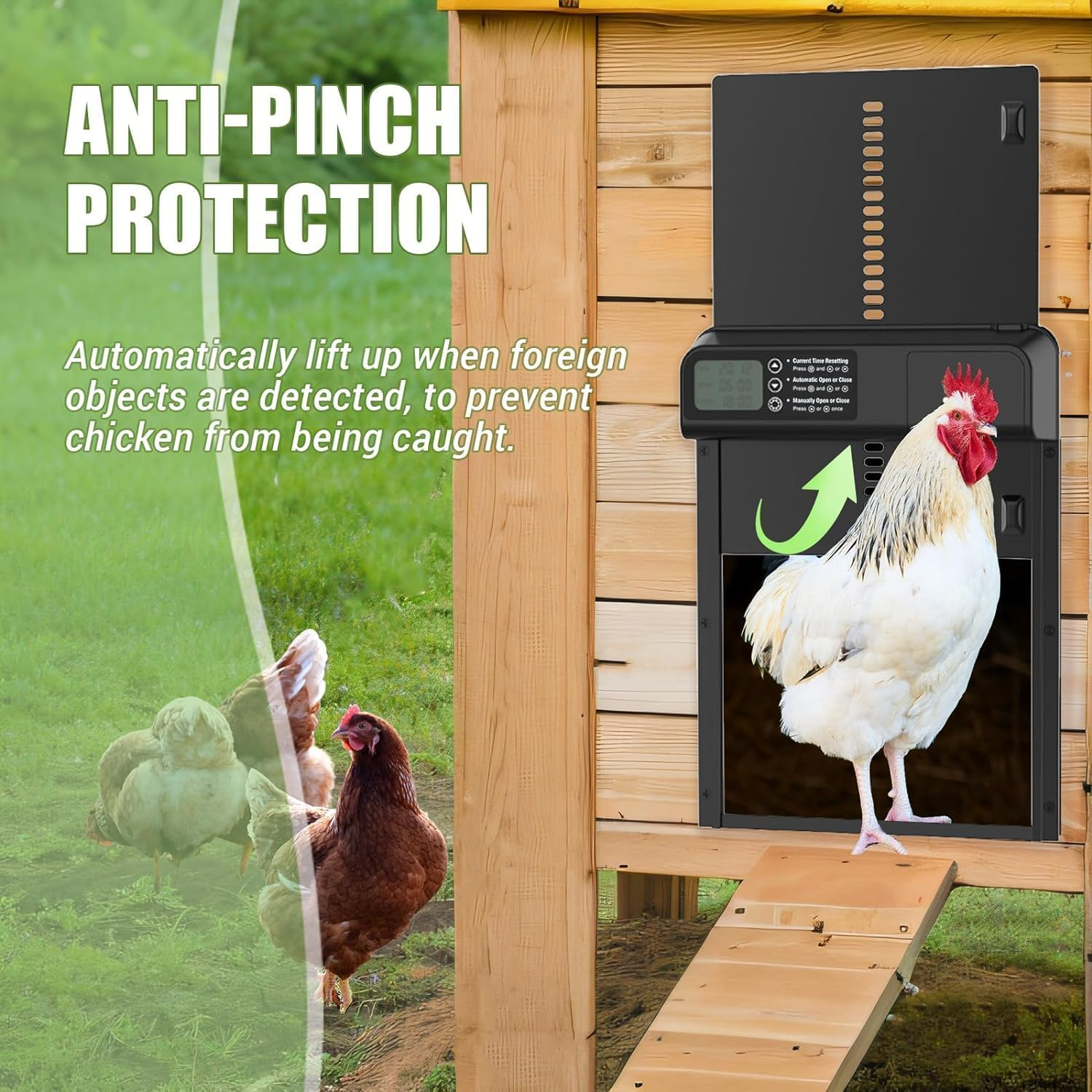 Chicken Coop Door Opener with Timer Control, Anti-Pinch Protection, Aluminum Door, Battery Powered LCD Screen, Weatherproof, Low Battery Alert, Easy Installation for Poultry image number 1