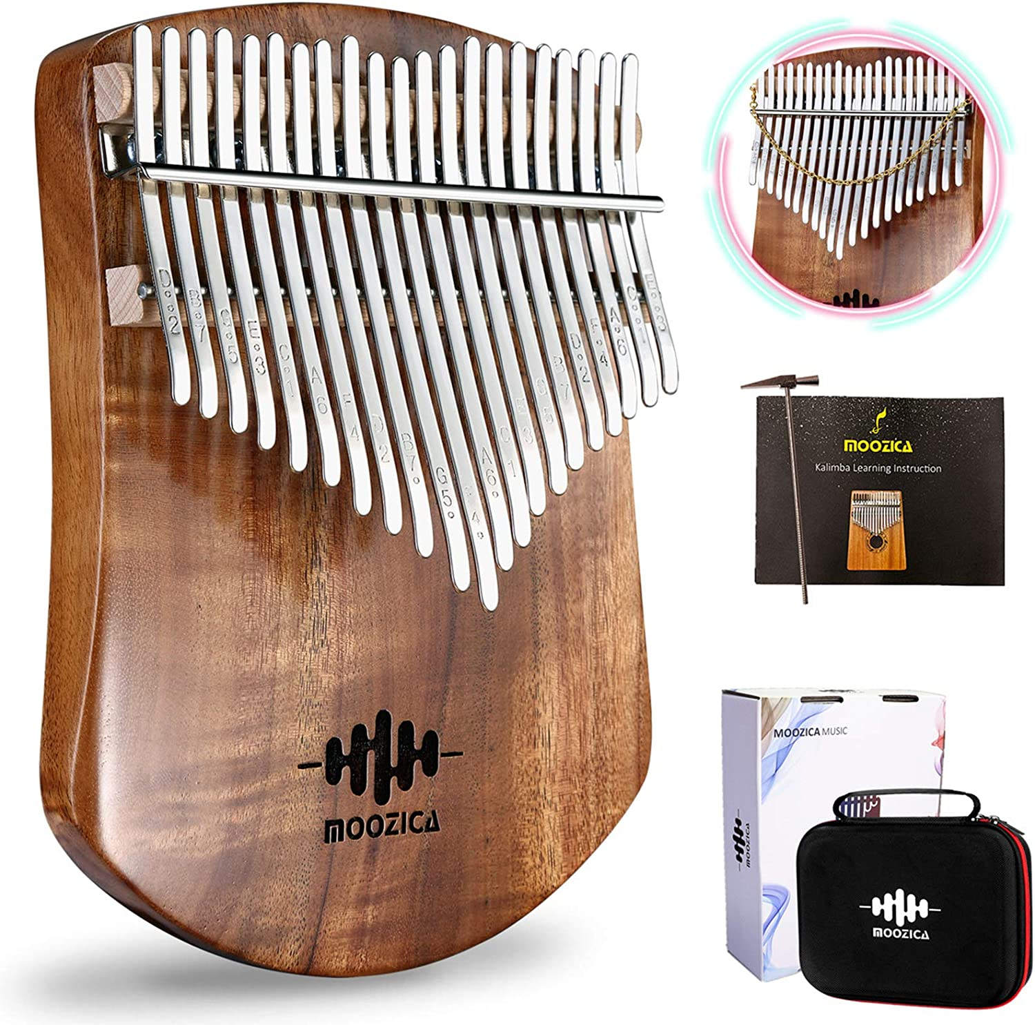 MOOZICA 21 Keys Solid Koa Kalimba, Single Solid Wood Board Professional Kalimba Thumb Piano Marimba with Learning Instruction and High Performance Carrying Case (Acacia Koa, K21KS) image number 4