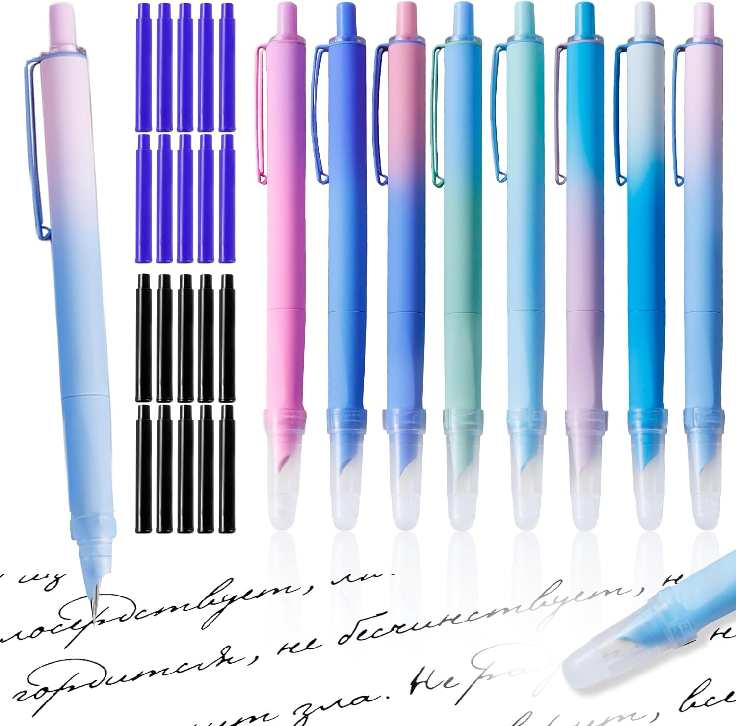 YRYUNRUI 8Pcs Retractable Fountain Pens with 20Pcs Erasable Ink Sacs, Refillable Fountain Pen for Writing, Smooth Writing Quick-Drying Flex Nib Fountain Pens for Calligraphy Journaling Office School image number 1