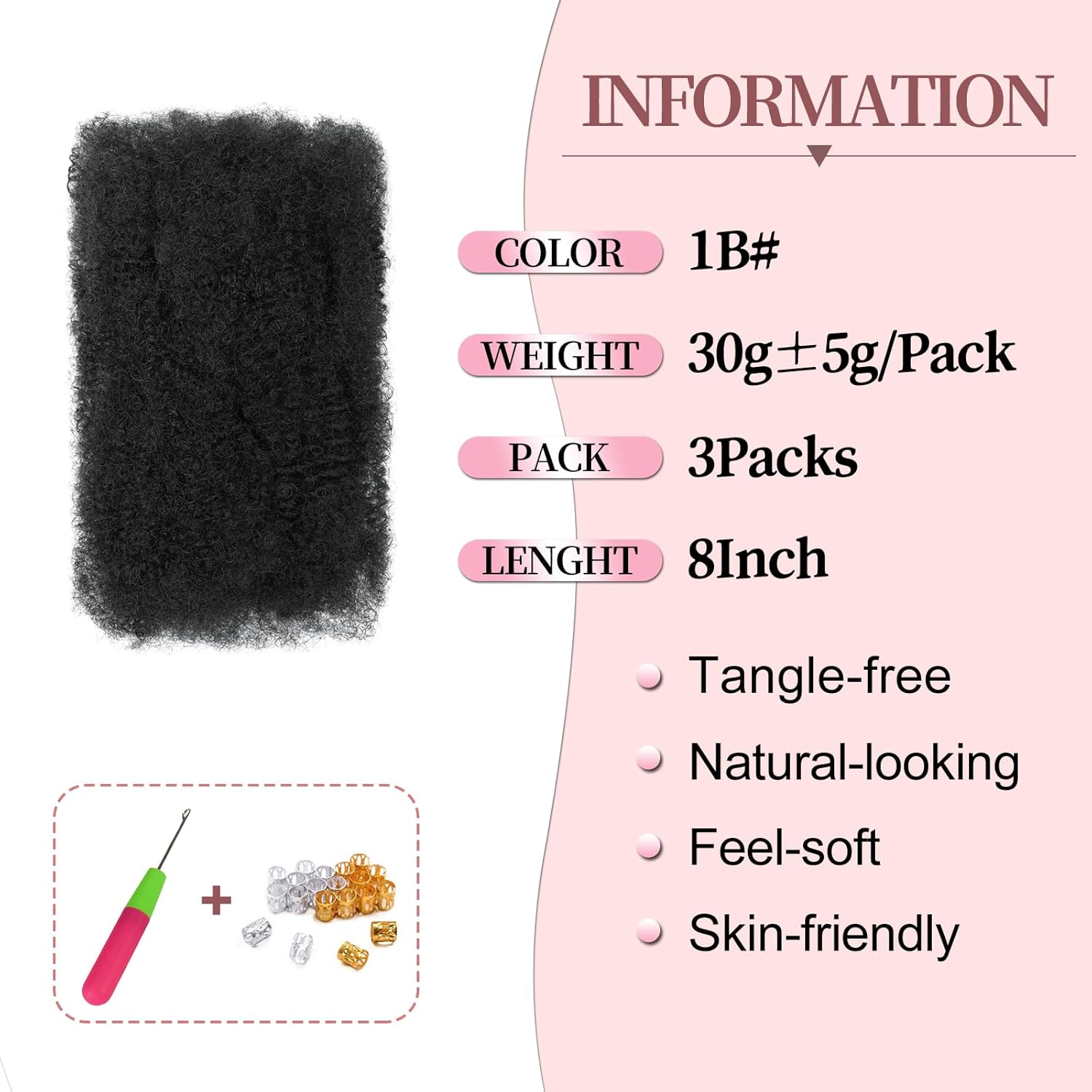 SHIHERESH 8 Inch Afro Kinky Curly Braiding Hair Bulk for Dreadlock Extensions 3 Bundles Marley Twist Hair Bulk for Micro Locs Spring Afro Twist Braids and Repair Locs (1B, 30 G/Pack) image number 4