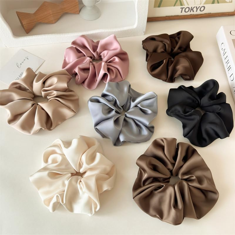 Jumbo Satin Scrunchies for Women, 2-Pack No-Damage Silk Scrunchies, Large Oversized Gentle Hair Ties That Reduce Breakage & Frizz, for Thick Hair Ponytail & Bun-Black and Beige - Black And Gray image number 4
