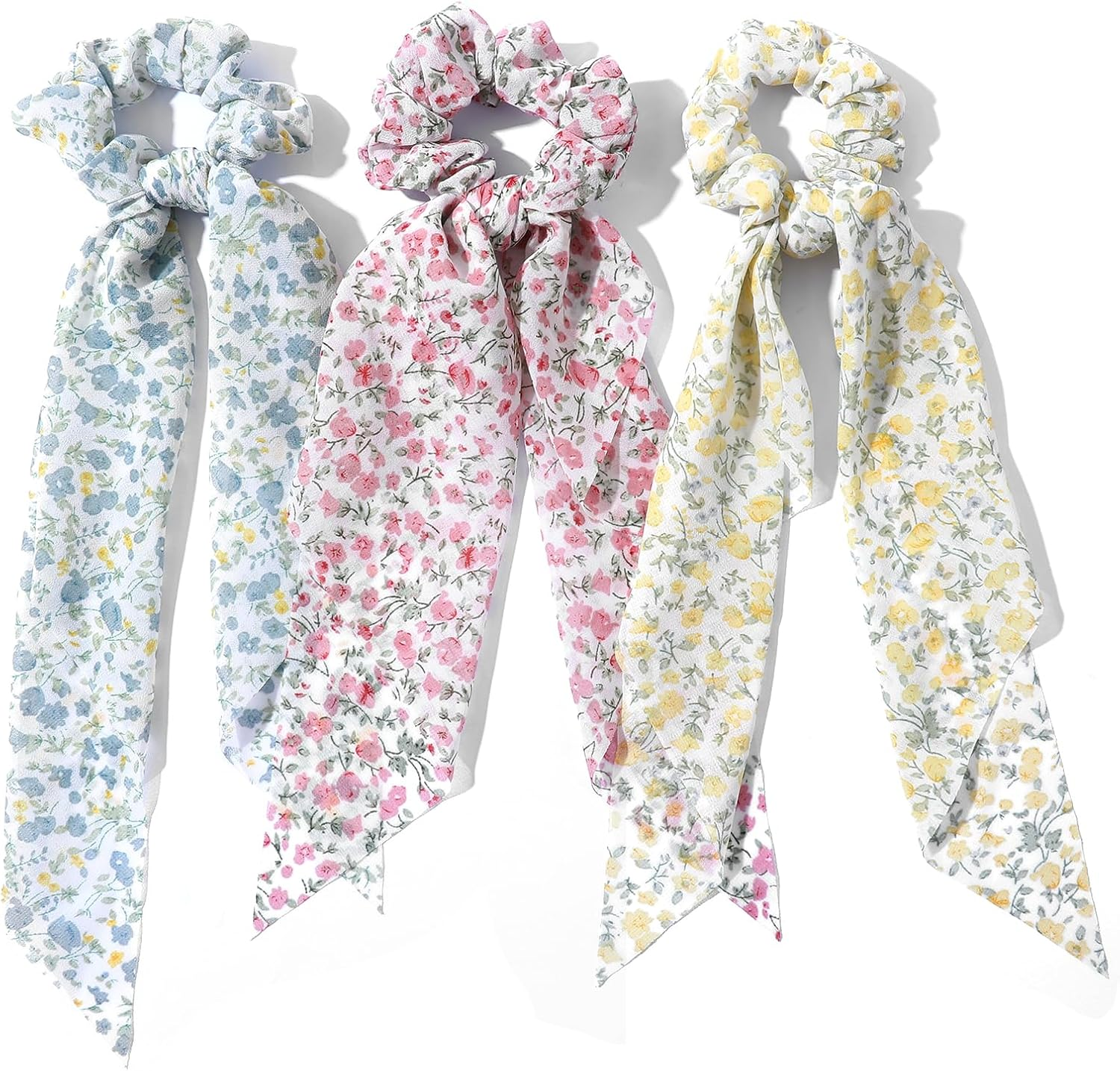 3 PCS Ribbon Hair Ties with Bow, Chiffon Crushed Flower Bowknot Hair Ties, Elastic Hair Scarf Long Ribbon Ponytail Scrunchies for Women Girls (Pink, Yellow, Green) image number 1