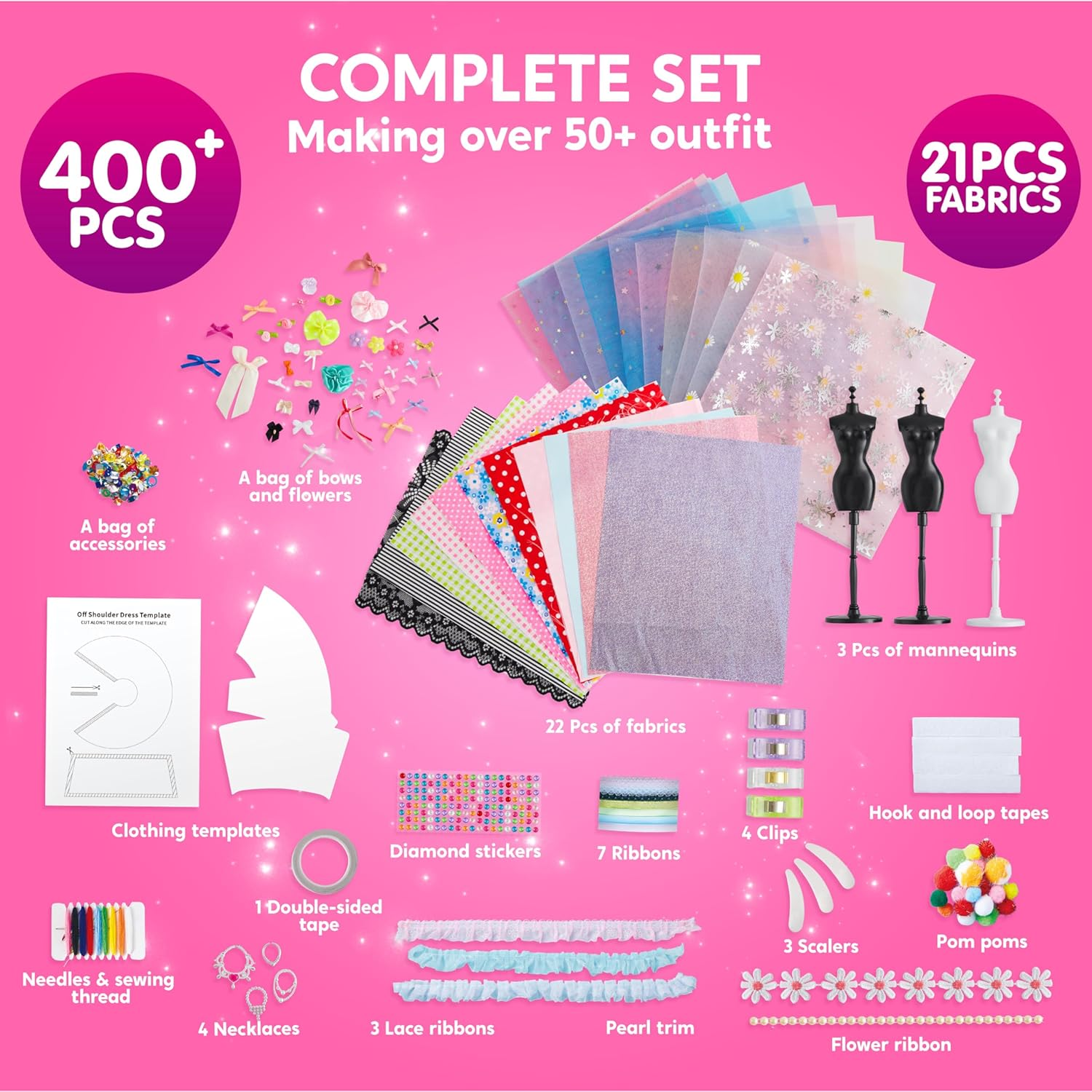 Klever Kits 400+PCS Fashion Design Crafts for Kids, Art and Crafts, DIY Sewing Kits with 3 Mannequins for Girls Aged 8-12, Birthday Presents, Toys for Kids image number 3