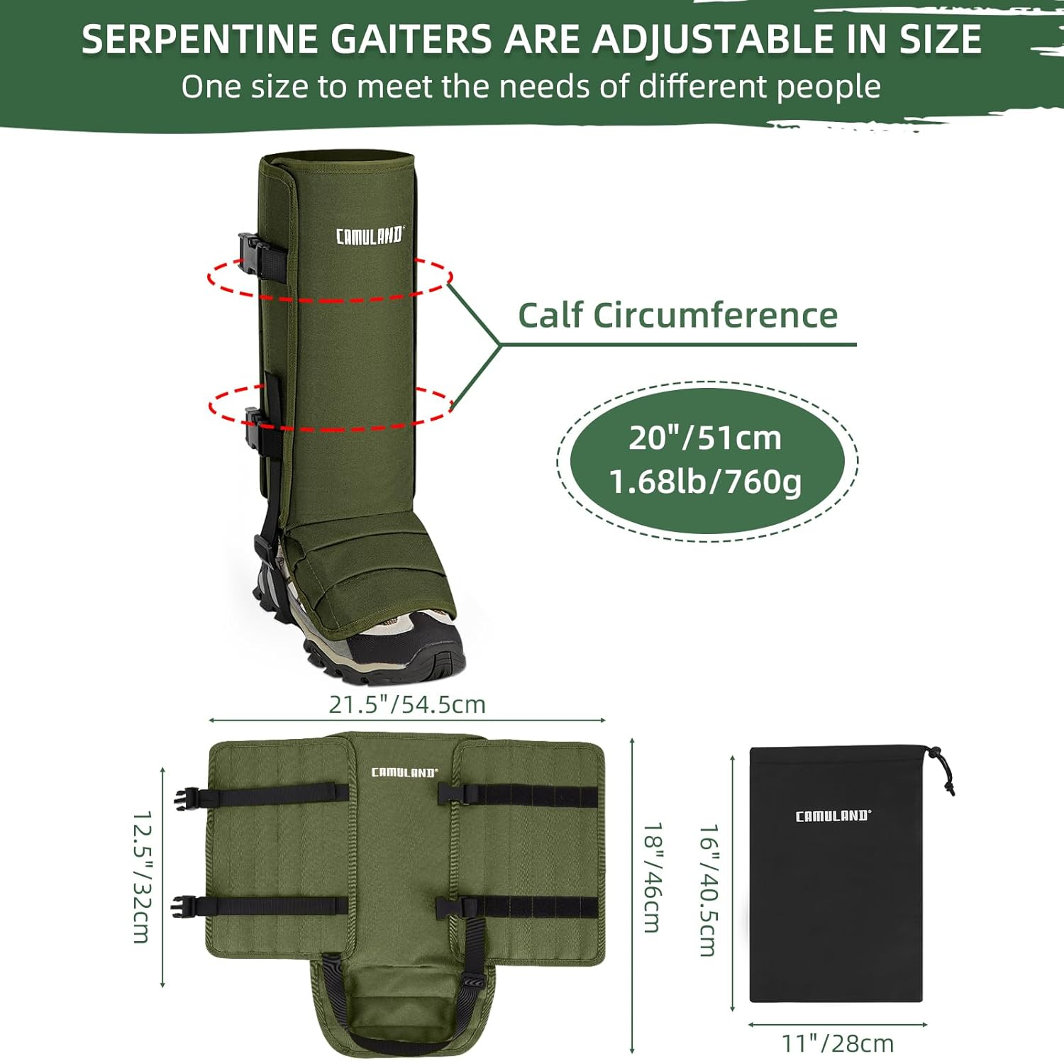 CAMULAND Snake Gaiters for Men & Women, Durable Waterproof Snake Guards for Lower Leg Protection, Adjustable Snake Bite Proof Gaiters for Hunting, Hiking, and Farm Work (Green) image number 3