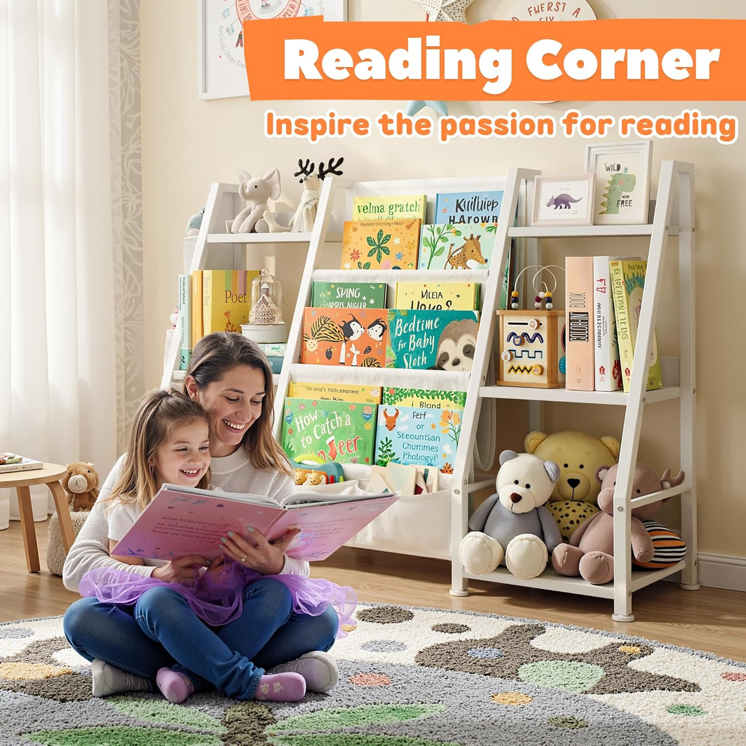 Gotiling Kids Bookshelf Large Storage Bookcase: 3-Tier Book Sling Shelf Toy Organizer for Toddler - Display Rack with 3 Pockets for Kids Rooms, Bedroom, Playroom, Nursery (White, Wood + Metal) image number 6